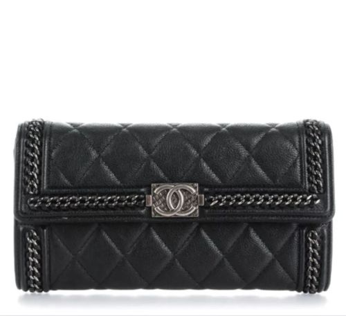Auth. CHANEL BLACK Calfskin LE BOY Long Wallet Chain Around Limited Edition