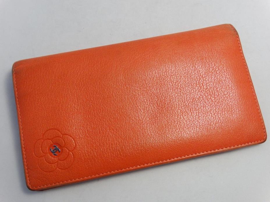 WOW!!! US SELLER Authentic CHANEL LONG WALLET ORANGE LEATHER CAMELLIA COCO ITALY