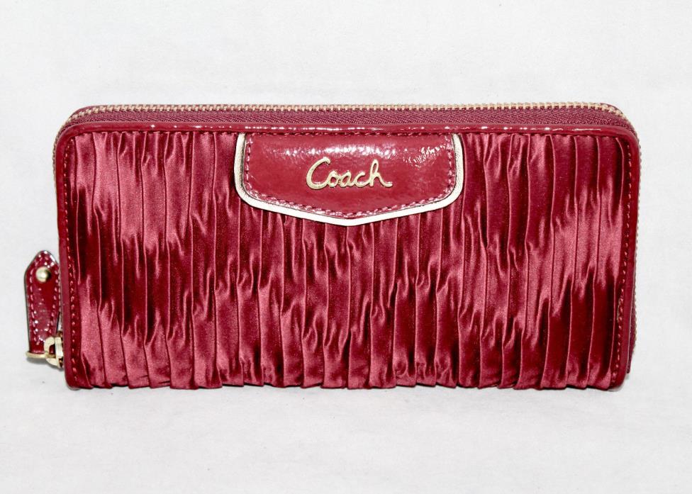 NWT COACH F48115 Ashley Bordeaux Gathered Satin Zip Around Clutch Wallet $248