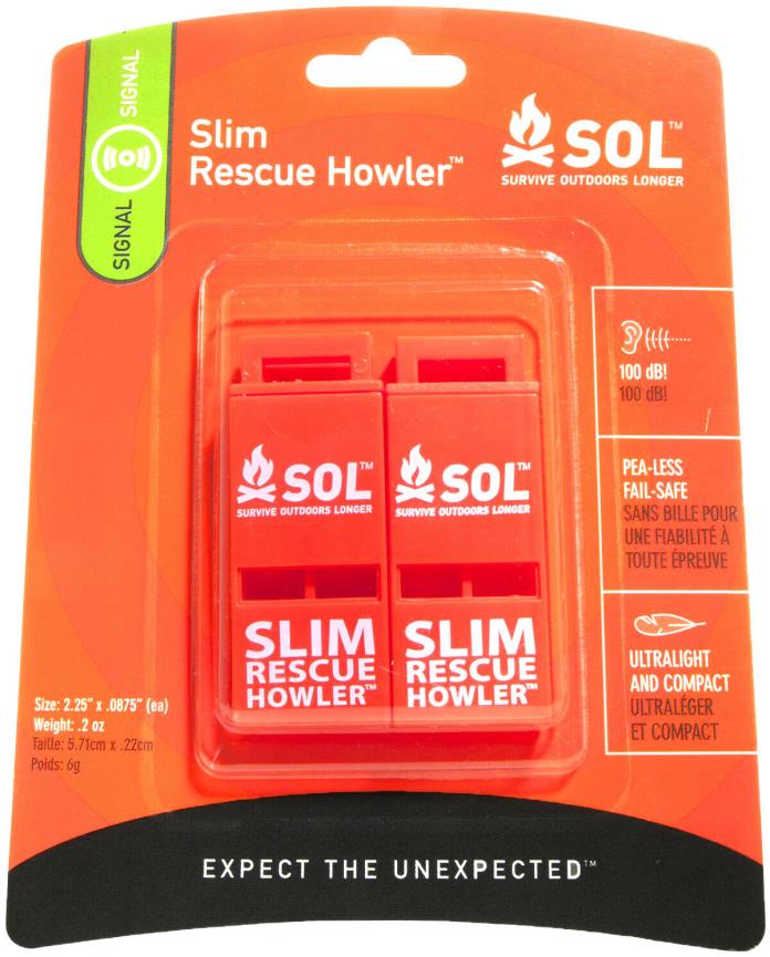 SOL Slim Rescue Howler Whistle - Survival, Outdoor Sports, Camping - 2 Pack, NEW