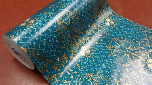 Full ream 18 inch wide Teal gilded Roses gift wrap 833 feet