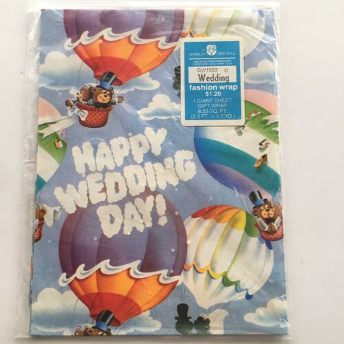 Vtg Happy Wedding Day Wrapping Paper Gift Wrap Rainbow Colors Bears Balloons