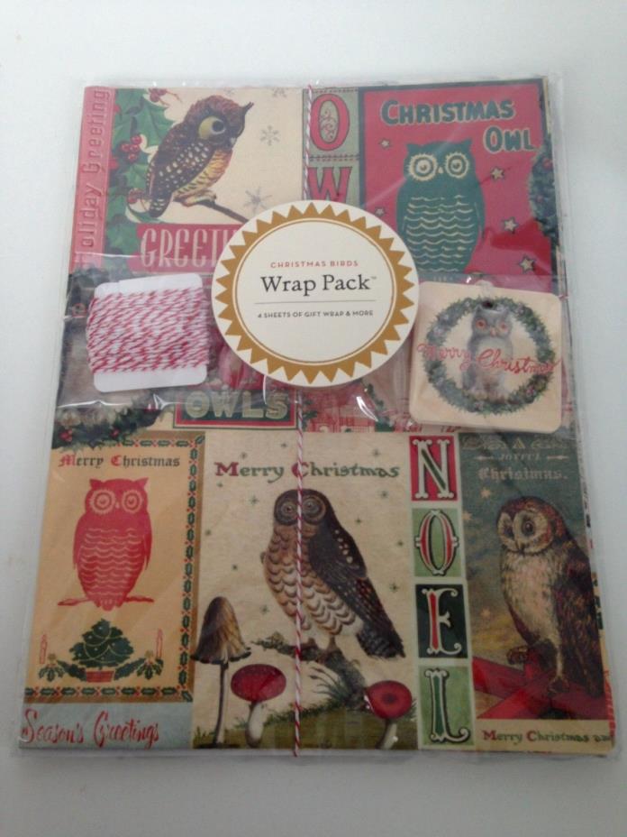 Cavallini & Co VINTAGE Christmas OWL 4-Sheet Gift Wrap Pack w/ String, Tape, Tag