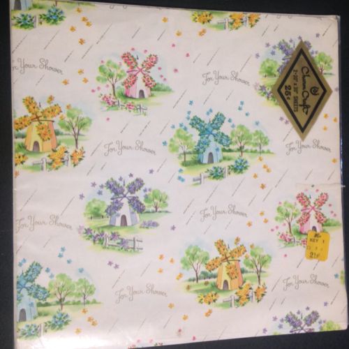 Vtg Wrapping Paper Charm Craft For Your Shower 1 Sheet 20x30 Windmill Floral