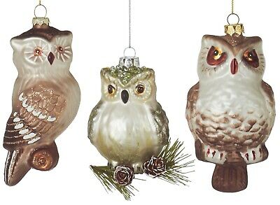 Set of 3 Assorted Woodland Owls Holiday Glass Ornaments