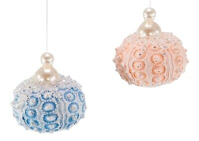 Sunbleached Jeweled Blue Pink Sea Urchins Christmas Holiday Ornaments Set of 2