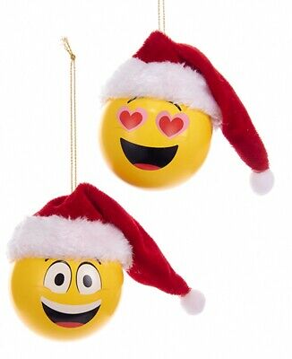 Kurt Adler Smiling Emoticons Wearing Santa Hats  Holiday Ornaments Set of 2
