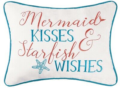 Mermaid Kisses Starfish Wishes Embroidered Blue Accent Throw Pillow 16 Inches