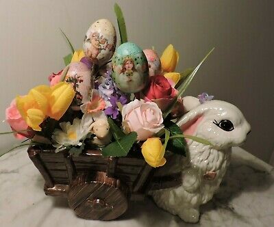 Ceramic Bunny w/Wagon Full of Flowers, Easter Eggs, Little Bunny, Lamb & Chick