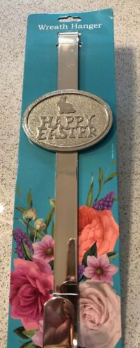 HAPPY EASTER Bunny Rabbit Silver Door Wreath Holder Hanger Decor 14.5”