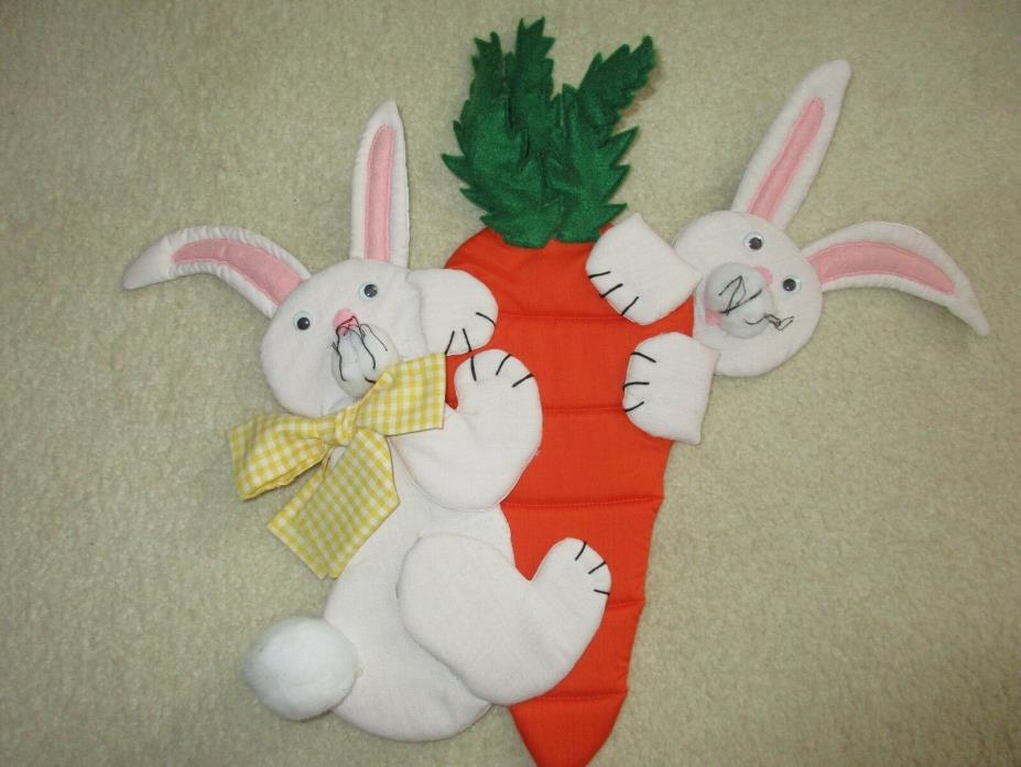 Handcrafted rabbits with a carrot Easter wallhanging with hanger