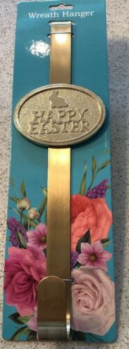 HAPPY EASTER Bunny Rabbit Gold Door Wreath Holder Hanger Decor 14.5”