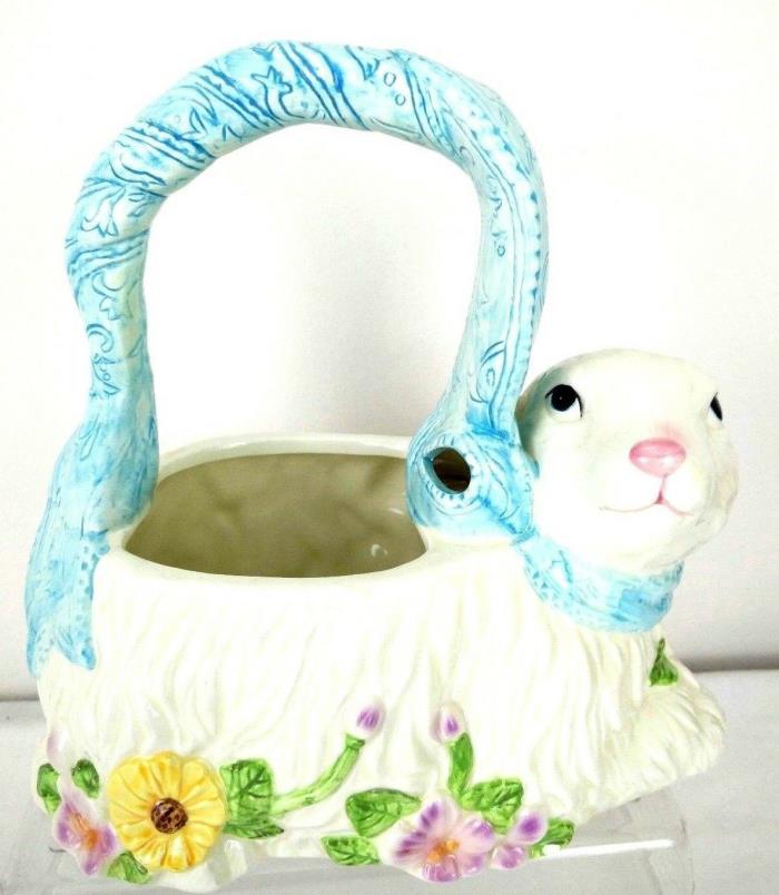 WCL China White Teal Bunny Rabbit Floral Basket Easter Candy Napkin Holder  LR
