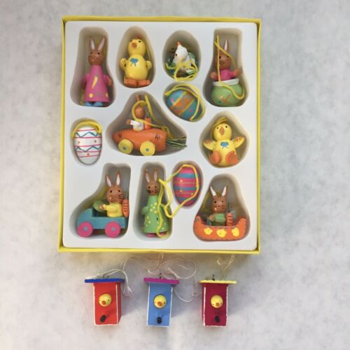 Set of 15 Tiny Wooden Easter Ornaments - bunnies, chicks, eggs - excellent cond.