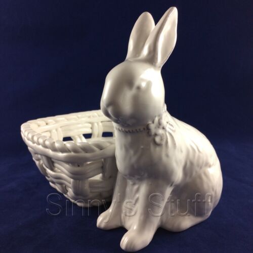 White Ceramic Bunny Rabbit Figure w Woven Basket Easter Candy Dish Bowl NWT