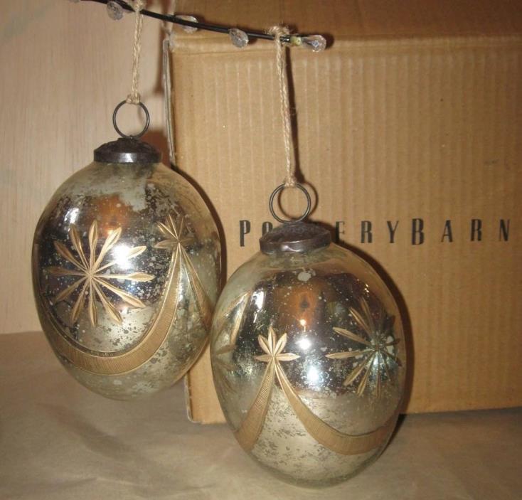 2 NIB POTTERY BARN Silver Mercury Glass Etched Egg Ornaments 8