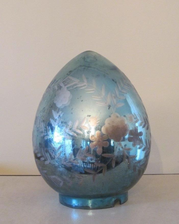Pottery Barn Lit Etched ~BLUE~ MERCURY GLASS EGG, NEW