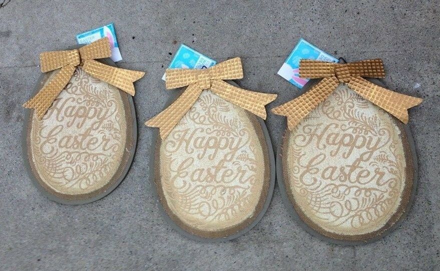 NWT LOT OF 3 EASTER EGG WALL ART HANGING PLAQUES W/GOLD METAL BOW “HAPPY EASTER”
