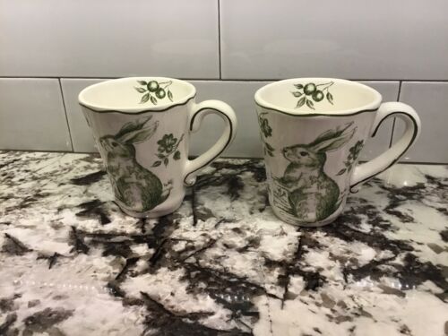 Set of 2 Maxcera Green & White Toile Country French Mugs Rabbit Easter NWT