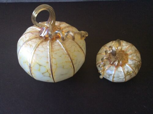 Pair Of Beautiful Fall Harvest Table Top Decor Blown Glass Pumpkins