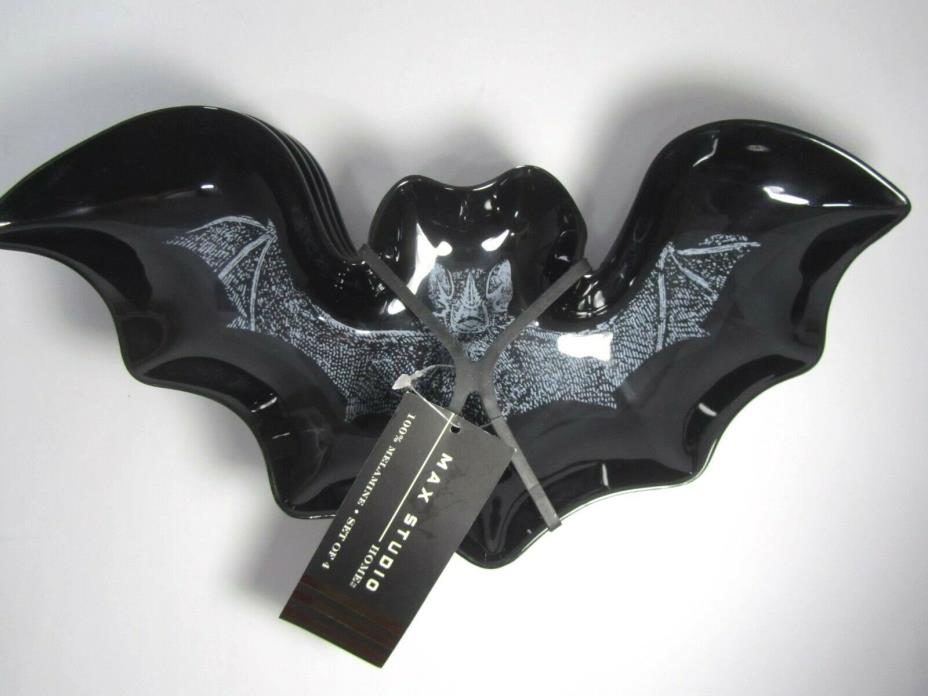NEW Max Studio Black bats Halloween Day of Dead Melamine dishes 4 Pc Set