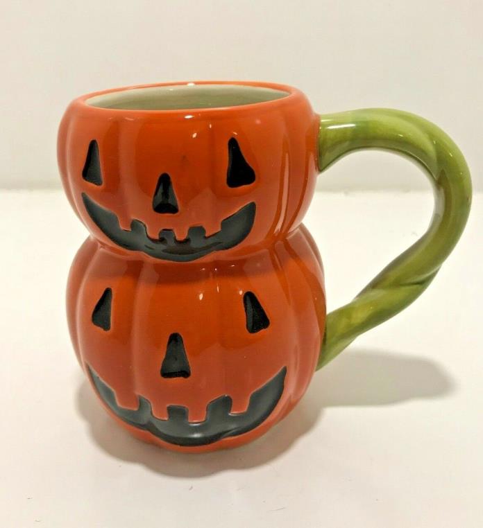 Halloween Coffee Mug Cup Double Pumpkin Orange Green Handle Tag Jack O' Lantern