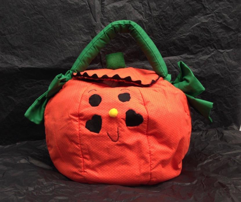 Large Cloth Halloween Pumpkin Basket Hand Sewn w Liner, Green Bows, Handle, 9