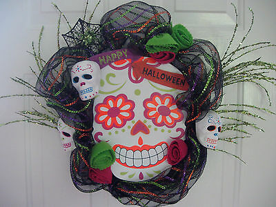 Halloween Wreath Black Green White Sugar Skull Skeleton Spider 21