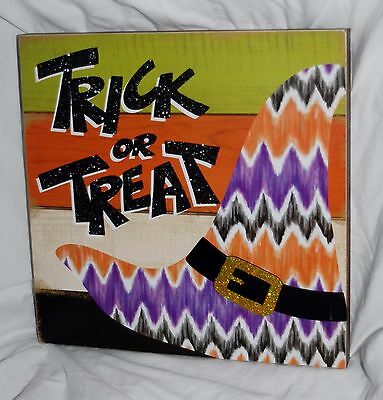 TRICK OR TREAT HALLOWEEN HANGING PICTURE SIGN DECORATION WALL WOODEN RUSTIC
