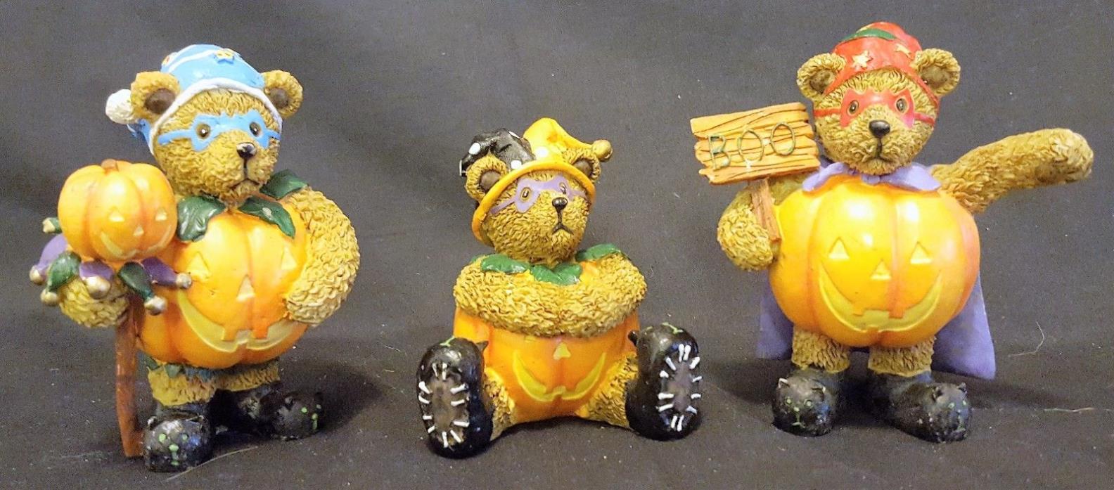 Trio of Halloween Teddy Bear Resin Figurines Dressed as Pumpkins for Halloween