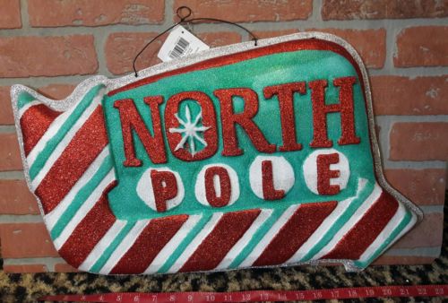 RETRO GLITTER Neon North Pole Sign Wall Arrow Candy Stripe DECOR Christmas 3D