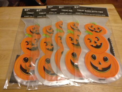 100 HALLOWEEN  TREAT BAGS- CLEAR TRIPLE PUMPKIN  BAGS W/TIES
