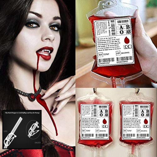 Blood Bag Drink Container Set Of 10 IV Bags 12 Fl.Oz W Syringe Extra F