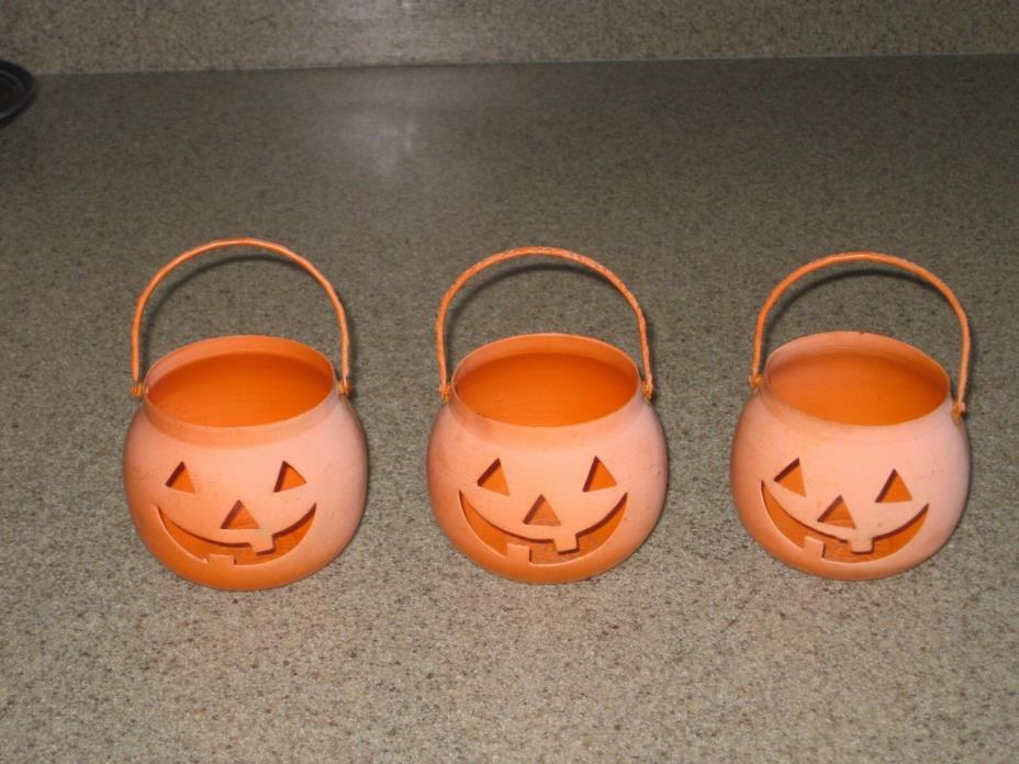 (3) VTG Halloween Fall HOSLEY Metal Candle Holder Pumpkin Jack O Lantern USA