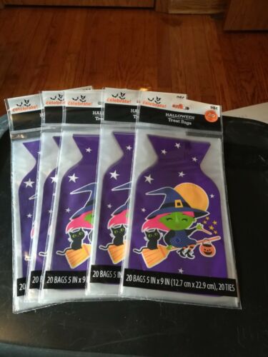 100 HALLOWEEN CELLO TREAT BAGS- BLACK Bag WITCH ON A BROOM  BAGS W/TIES