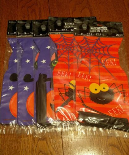 100 HALLOWEEN CELLO TREAT  BAGS W/TIES PURPLE BAG BLACK CAT Spider WEB ORANGE