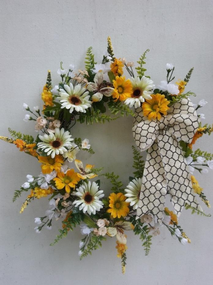 Summer Gold Grapevine Front Door Wreath with Daisies, Ferns and Butterflies