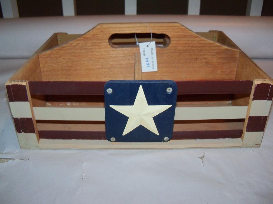 American Flag Wooden Box With Wood Handle Carrier Divided 4th of July America