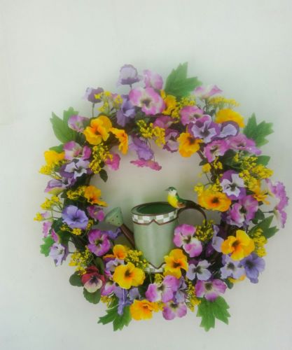 Summer or  Spring Pansy Wreath for Front Door with Watering Can and Bird
