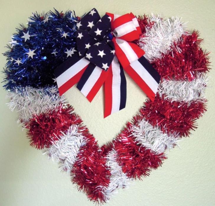 4th of July Patriotic Tinset Heart Wreath Red White Blue 16” w/ Bow Door or Wall