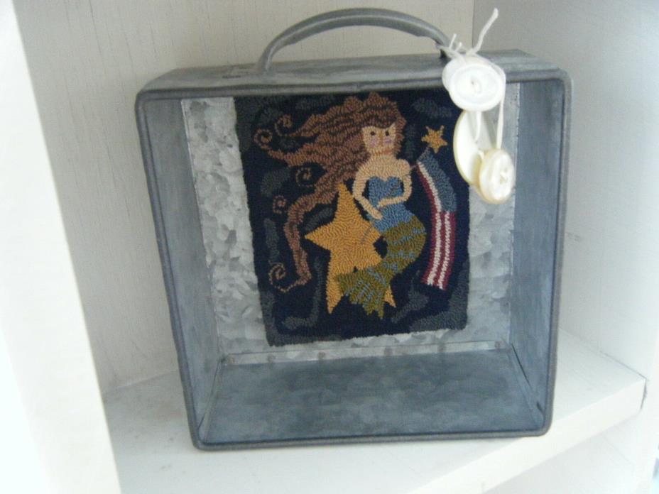 Primitive punch needle mermaid on metal drawer, great primitive, Americana decor