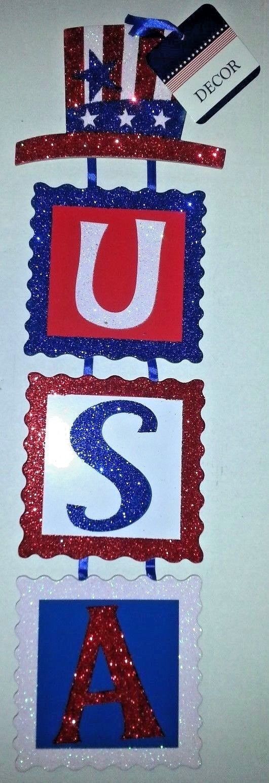 Patriotic USA Letters Sparkle Glitter Signs Tiered Décor Red White Blue
