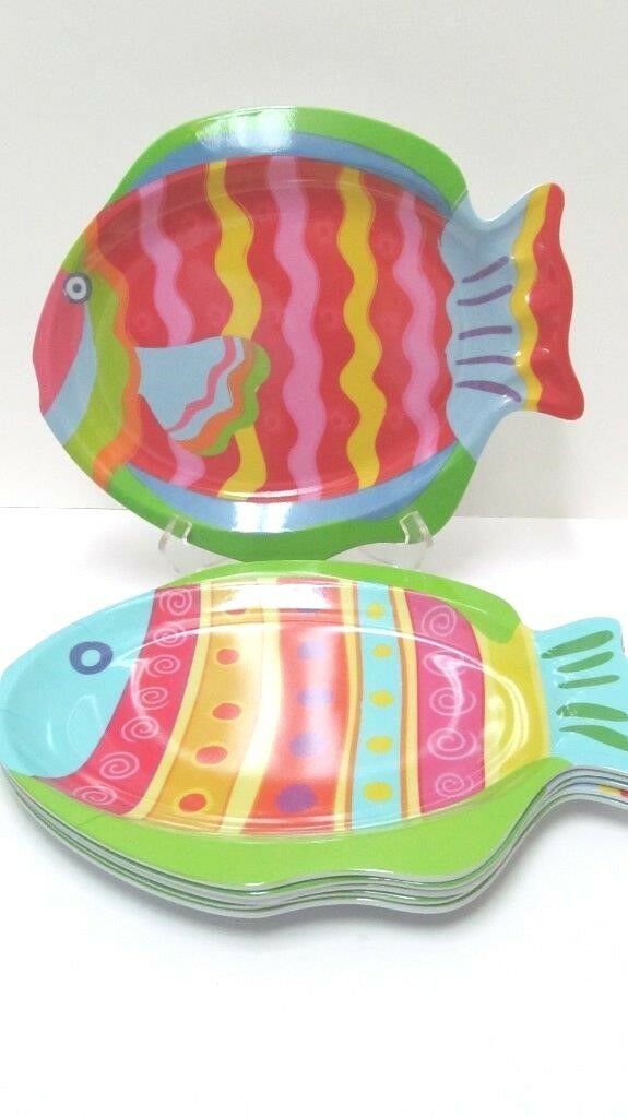 (6) Colorful Hard Plastic Fish Dinner Plates 10