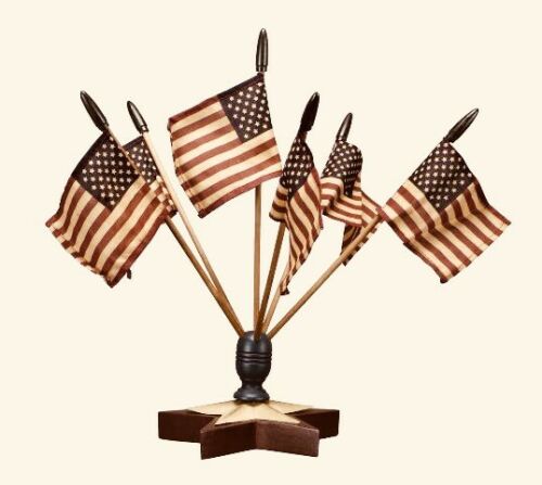 Antiqued USA Flag Star Finial Holder With 6 Antiqued Flags 15 “ Tall Patriotic