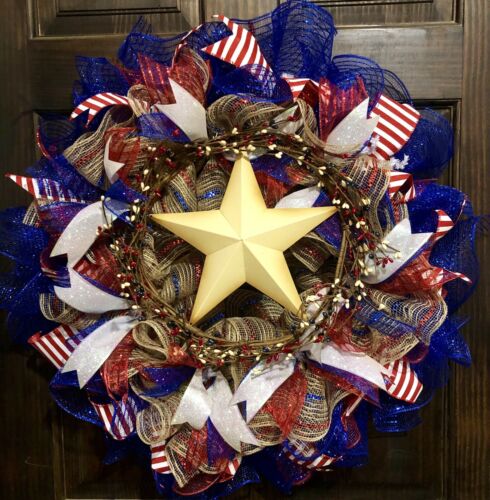 Xlarge New Handmade Patriotic USA Decomesh And Ribbon Star Wreath