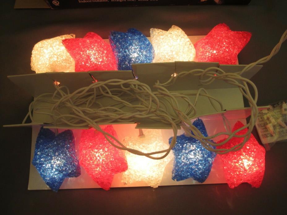 String 10 Light Crystal Stars Patriotic Red White Blue Indoor Outdoor Novelty