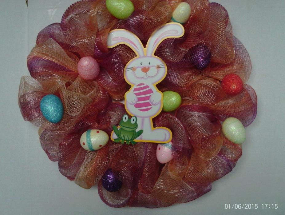 Easter Wreath Multi-Colored Mesh Fabric With Wooden Bunny 20