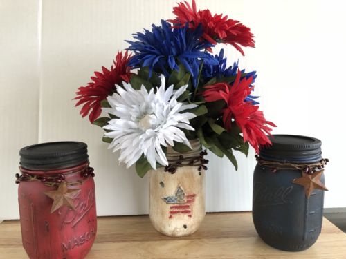 Red White Blue Patriotic Fourth Of July Ball Mason Jar Home Decor Set Handmade
