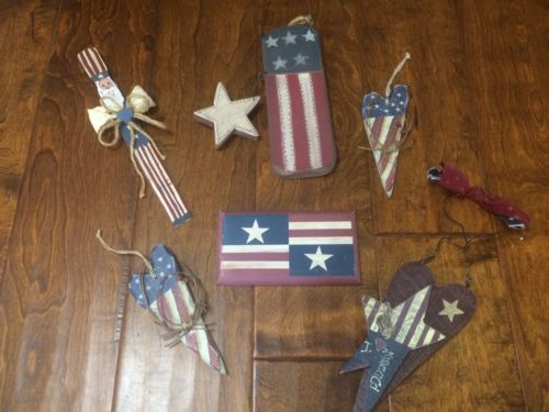 Handmade Wooden - 4th of July Decor - Americana 6 pc Flag Uncle Sam Hearts