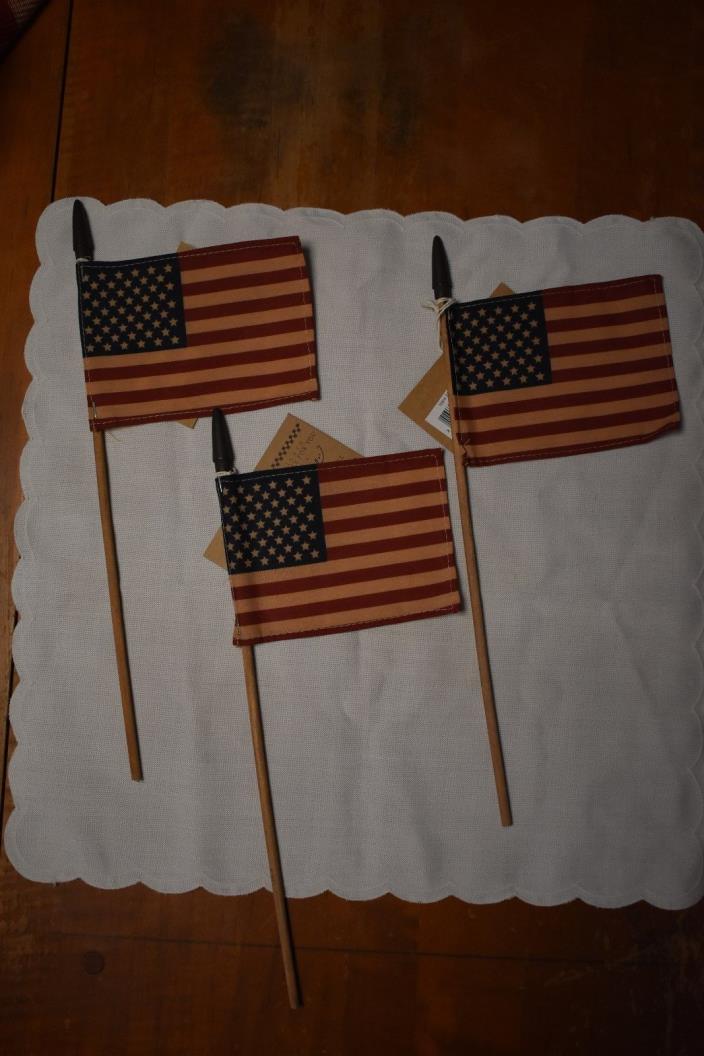 NEW PRIMITIVE COUNTRY PATRIOTIC AMERICANA SET OF 3 TEA STAINED FLAGS